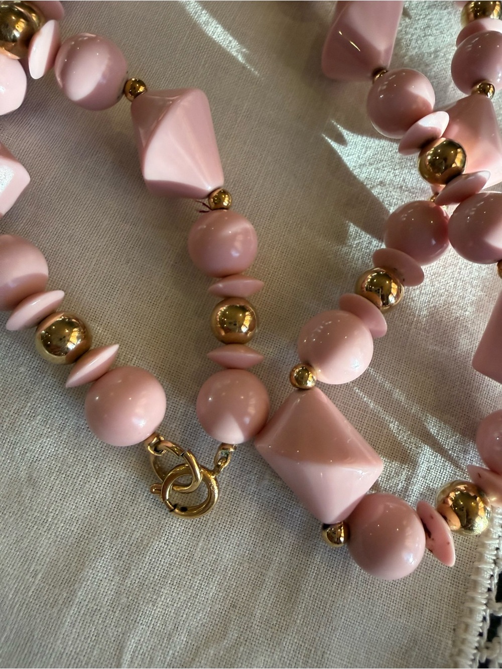 Vintage Pink Lucite Beaded Necklace with Gold Accents - Picture 7 of 8